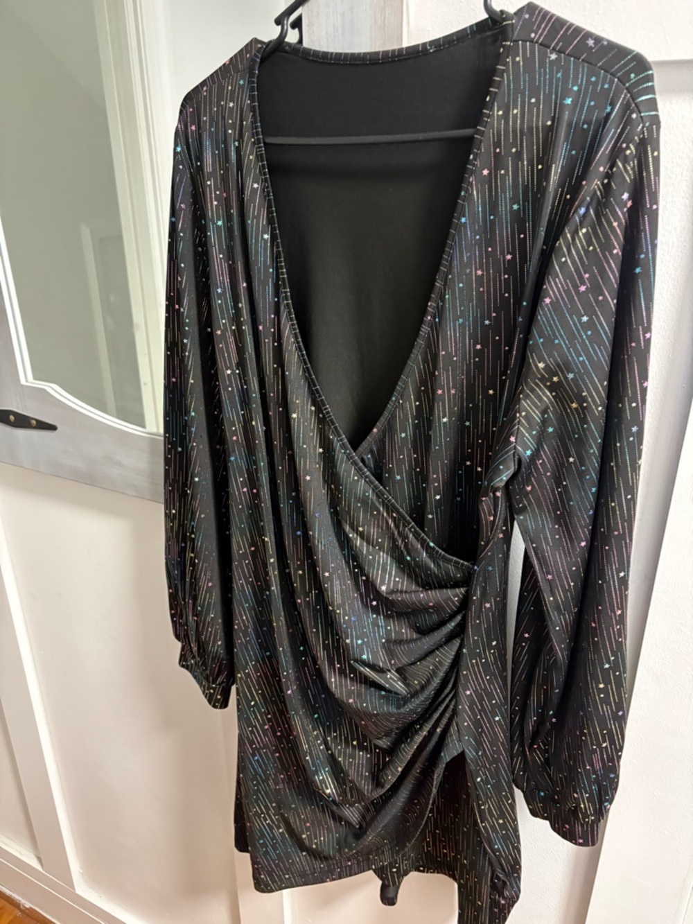 SHEIN Black Mini Wrap Dress with Multicolor Sparkle Pinstripes